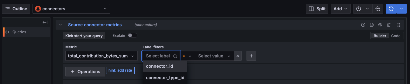 Screenshot of Grafana Explore query builder, with Metric total_contribution_bytes_sum and Label Filters selected to show connector_id and connector_type_id in the dropdown.