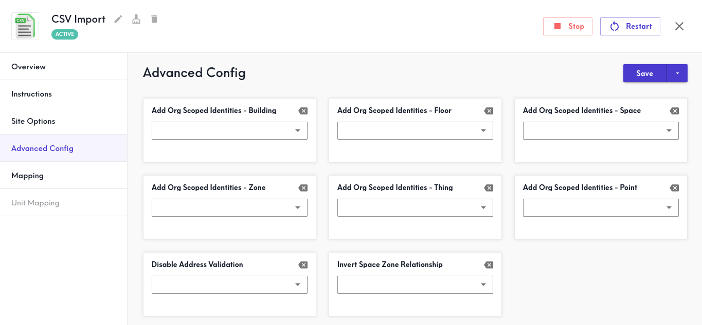 Screenshot of the Advanced Config tab of the CSV Import connector.