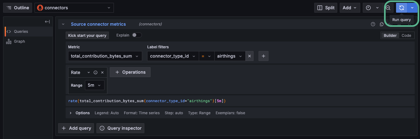 Screenshot of Granana Explore query builder with the Run Query button circled in the upper right.