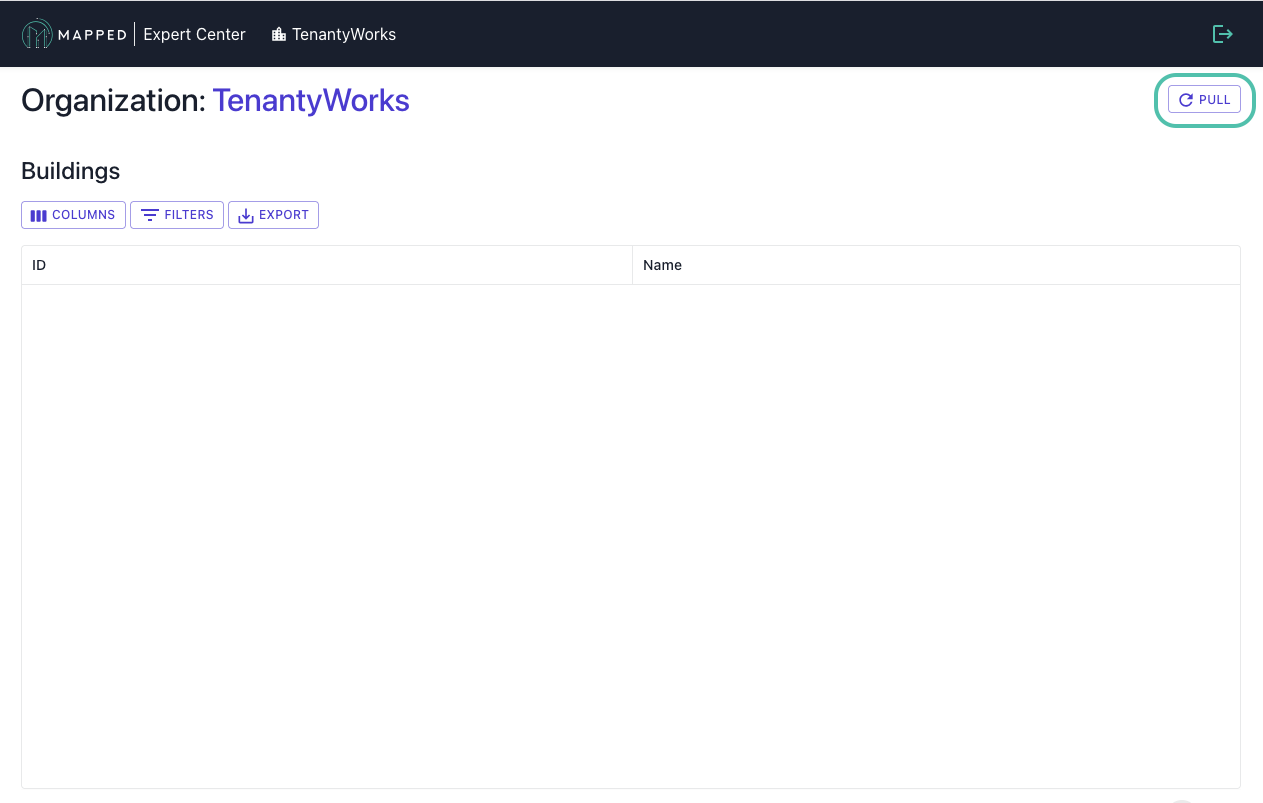 Screenshot of fictional Mapped Expert Center organization overview page for TenantyWorks, with a Pull button circled in the upper right