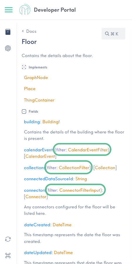 Screenshot of the Things entry in the Document Explorer, with filterable fields CalendarEvent, collections, and connectors encircled.