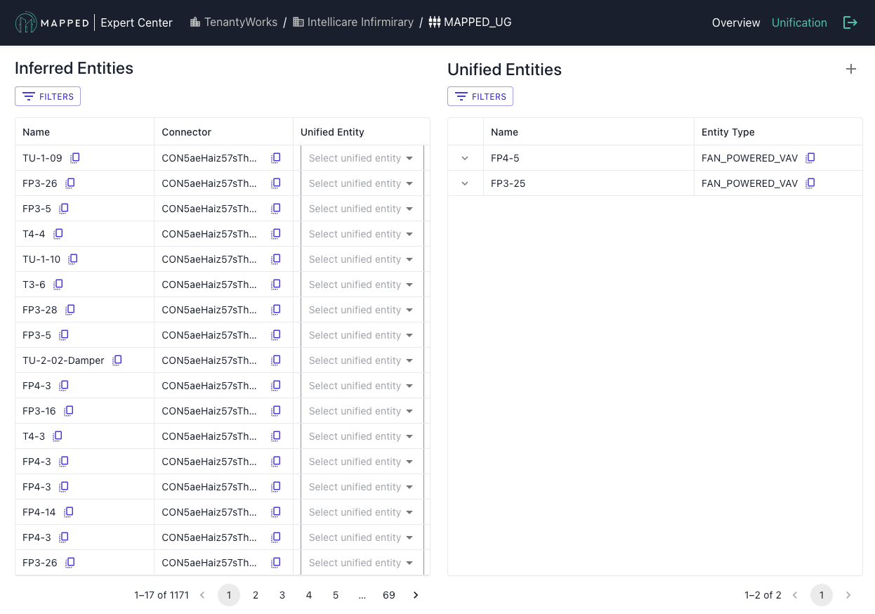 Screenshot of the Unification view with Inferred Entities in a table on the left and Unified Entities in a table on the right.
