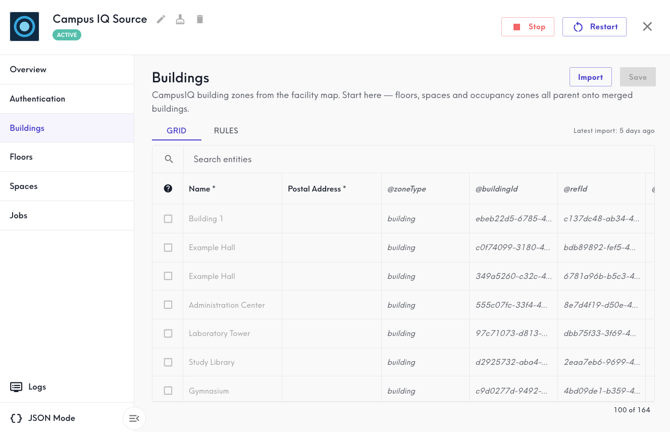 Screenshot of the Course dog Buildings tab with no rows selected in the Grid view.