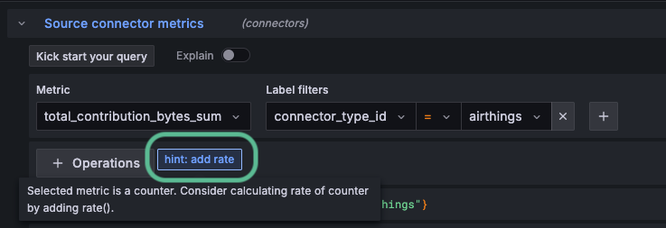 Screenshot of Grafana Explore query builder close up, with hint: add rate circled.
