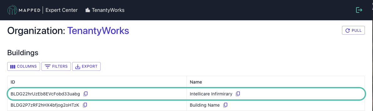 Screenshot of Mapped Expert Center Organization Overview with the first Building in the table circled.