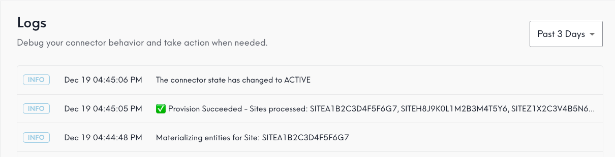 Screenshot of Logs tab with success messages from the past 3 days.