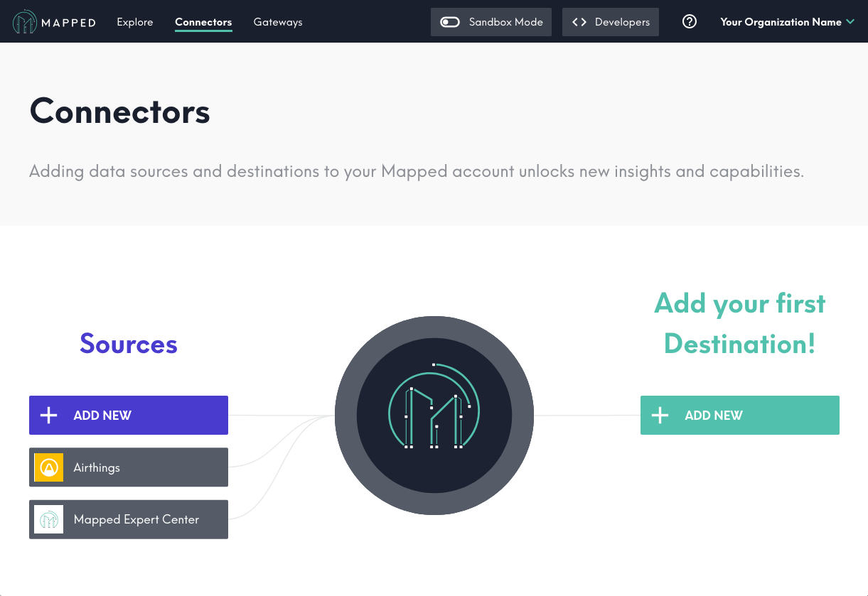 Screenshot of the Mapped Console Connectors page with Source and Destination connectors on either side, and a button to add new for each.