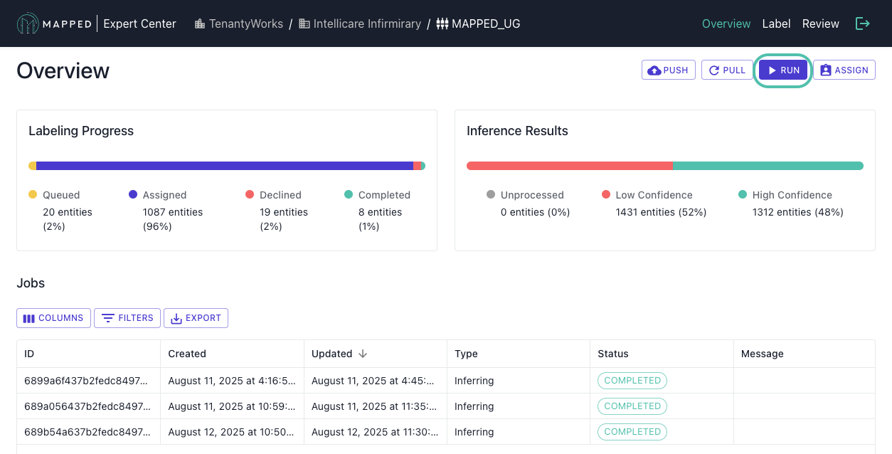 Screenshot of the Connector Overview with the Run button circled.