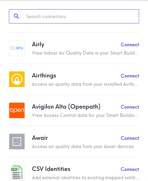 Screenshot of a modal window with a list of Source connectors and a search bar.