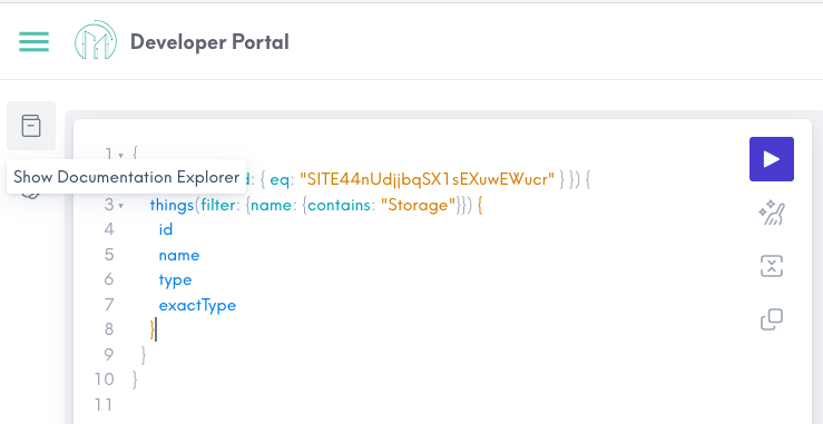 Screenshot of the GraphiQL Explorer with the button to Show Document Explorer in focus.