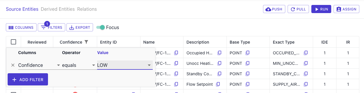 Screenshot of the Mapped UG Label Page for fictional Mapped Organization TenantyWorks with a Filter for Low Confidence.