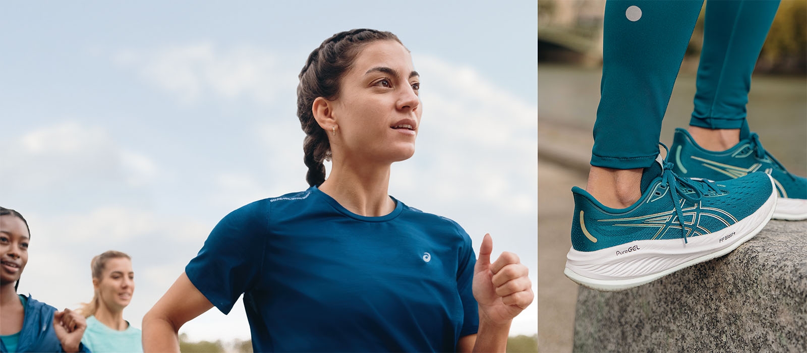 Woman running wearing the new NAGINO™ Collection to the left. To the right close up of the GEL-CUMULUS™ 26.