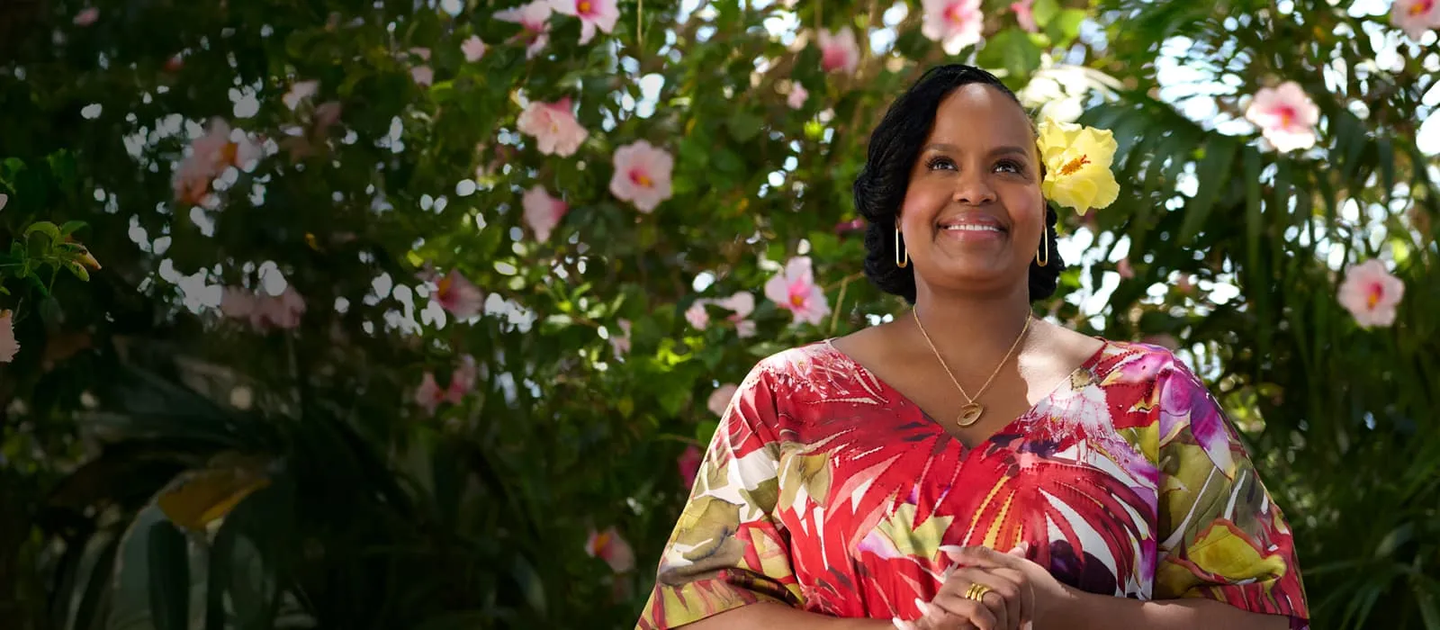 World mental health day homepage banner: close up on Belinda from white lotus