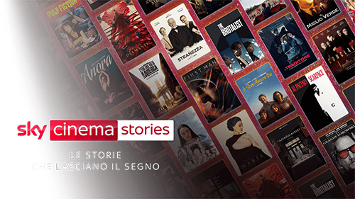 schermata che mostra in primo piano il logo del canale sky cinema stories e in secondo piano alcune locandine di film disponibili con il pacchetto Sky Cinema