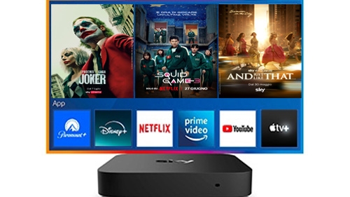 schermata di una TV che mostra alcune locandine di programmi disponibili su Netflix e su Sky: Joker, Squid Game 3 e And just like that ed alcune app di streaming disponibili sul decoder Sky: Paramount+, Disney+, Netflix, Prime Video, YouTube, Apple TV+