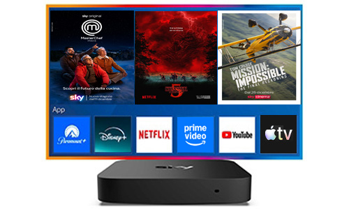 immagine che mostra il decoder sky con dietro la schermata di una TV, al cui interno ci sono alcune locandine di programmi disponibili su Netflix e su Sky e alcune app di streaming disponibili sul decoder Sky: Paramount+, Disney+, Netflix, Prime Video, YouTube, Apple TV+