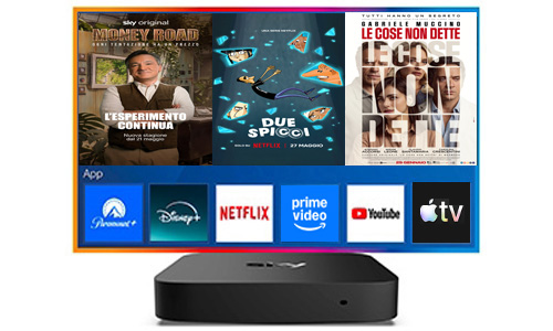 immagine che mostra il decoder sky con dietro la schermata di una TV, al cui interno ci sono alcune locandine di programmi disponibili su Netflix e su Sky e alcune app di streaming disponibili sul decoder Sky: Paramount+, Disney+, Netflix, Prime Video, YouTube, Apple TV+