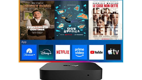 immagine che mostra il decoder sky con dietro la schermata di una TV, al cui interno ci sono alcune locandine di programmi disponibili su Netflix e su Sky e alcune app di streaming disponibili sul decoder Sky: Paramount+, Disney+, Netflix, Prime Video, YouTube, Apple TV+