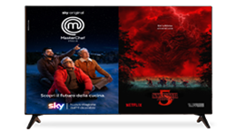 schermata di una TV che mostra due locandine di programmi disponibili su Sky e su Netflix: Masterchef e Stranger Things
