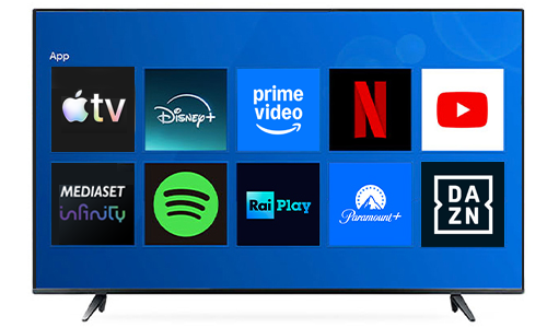 Schermata di una Smart TV che mostra le icone di varie app di streaming: Apple TV+, Disney+, Prime Video, Netflix, YouTube, Mediaset infinity, Spotify, RaiPlay, Paramount, Sky Sport