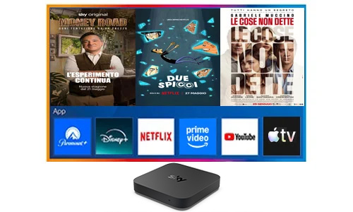 immagine che mostra il decoder sky con dietro la schermata di una TV, al cui interno ci sono alcune locandine di programmi disponibili su Netflix e su Sky e alcune app di streaming disponibili sul decoder Sky: Paramount+, Disney+, Netflix, Prime Video, YouTube, Apple TV+
