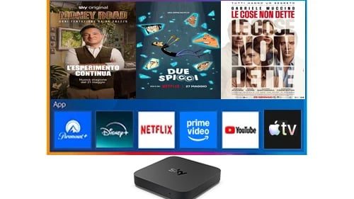 immagine che mostra il decoder sky con dietro la schermata di una TV, al cui interno ci sono alcune locandine di programmi disponibili su Netflix e su Sky e alcune app di streaming disponibili sul decoder Sky: Paramount+, Disney+, Netflix, Prime Video, YouTube, Apple TV+