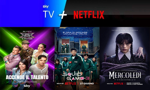 schermata che mostra alcune locandine di programmi disponibili su Sky e Netflix: X Factor, Squid Game 3, Mercoledì