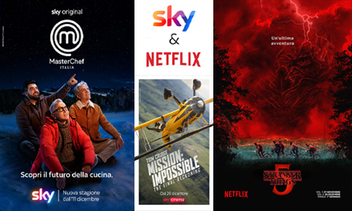 schermata che mostra alcune locandine di programmi disponibili su Sky e Netflix: X Factor, Squid Game 3, Mercoledì