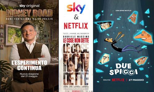 schermata che mostra alcune locandine di programmi disponibili su Sky e Netflix: Money road, due spicci e le cose non dette