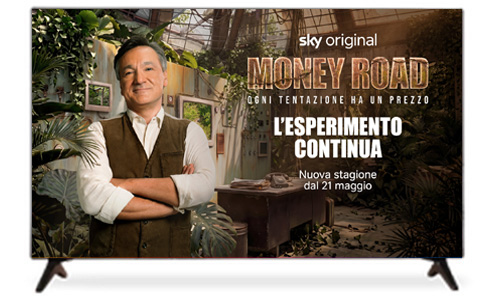immagine di una tv con all'interno la locandina di un programma sky che riprende il 21 maggio 2026, ovvero money road