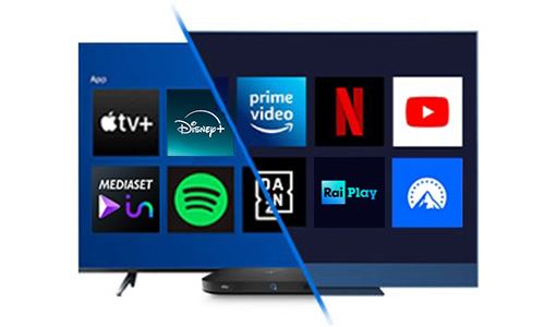 Schermata di una Smart TV che mostra le icone di varie app di streaming: Apple TV+, Disney+, Prime Video, Netflix, YouTube, Mediaset Infinity, Spotify, Dazn, RaiPlay, Paramount