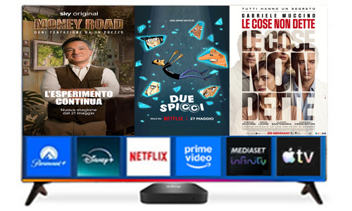 immagine che mostra il decoder sky con dietro la schermata di una TV, al cui interno ci sono locandine di alcuni programmi Sky e Netflix e le icone di varie app di streaming: Paramount+, Disney+, Netflix, Prime Video, Mediaset infinity, Apple TV