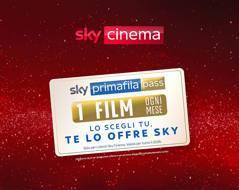 immagine che mostra la locandina della promozione sky primafila pass, grazie alla quale i clienti con pacchetto cinema attivo possono guardare un film primafila al mese