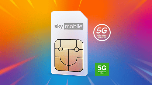 immagine ufficiale del prodotto sky mobile che mostra una sim brandizzata e il simbolo della rete 5G