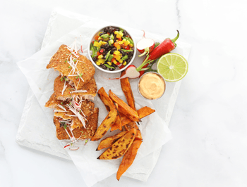 Sweet Potato Steak Fries & Cowboy Caviar with Salmon