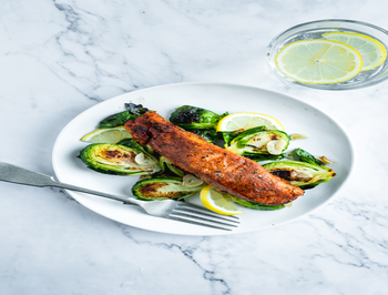 Sweet Bourbon Salmon with Garlicky Charred Brussel Sprouts