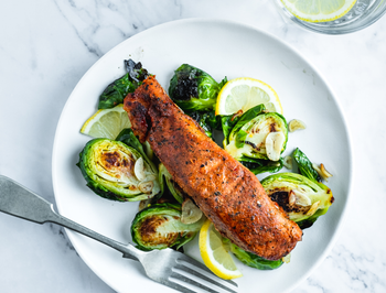 Sweet Bourbon Salmon with Garlicy Charred Brussel Sprouts