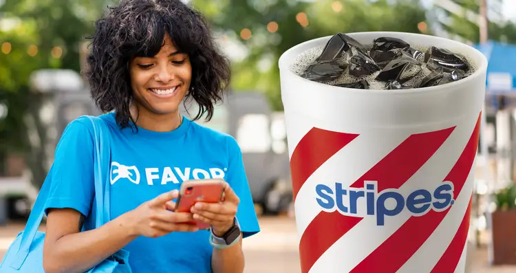 Favor delivery worker smiling next to Stripes drink