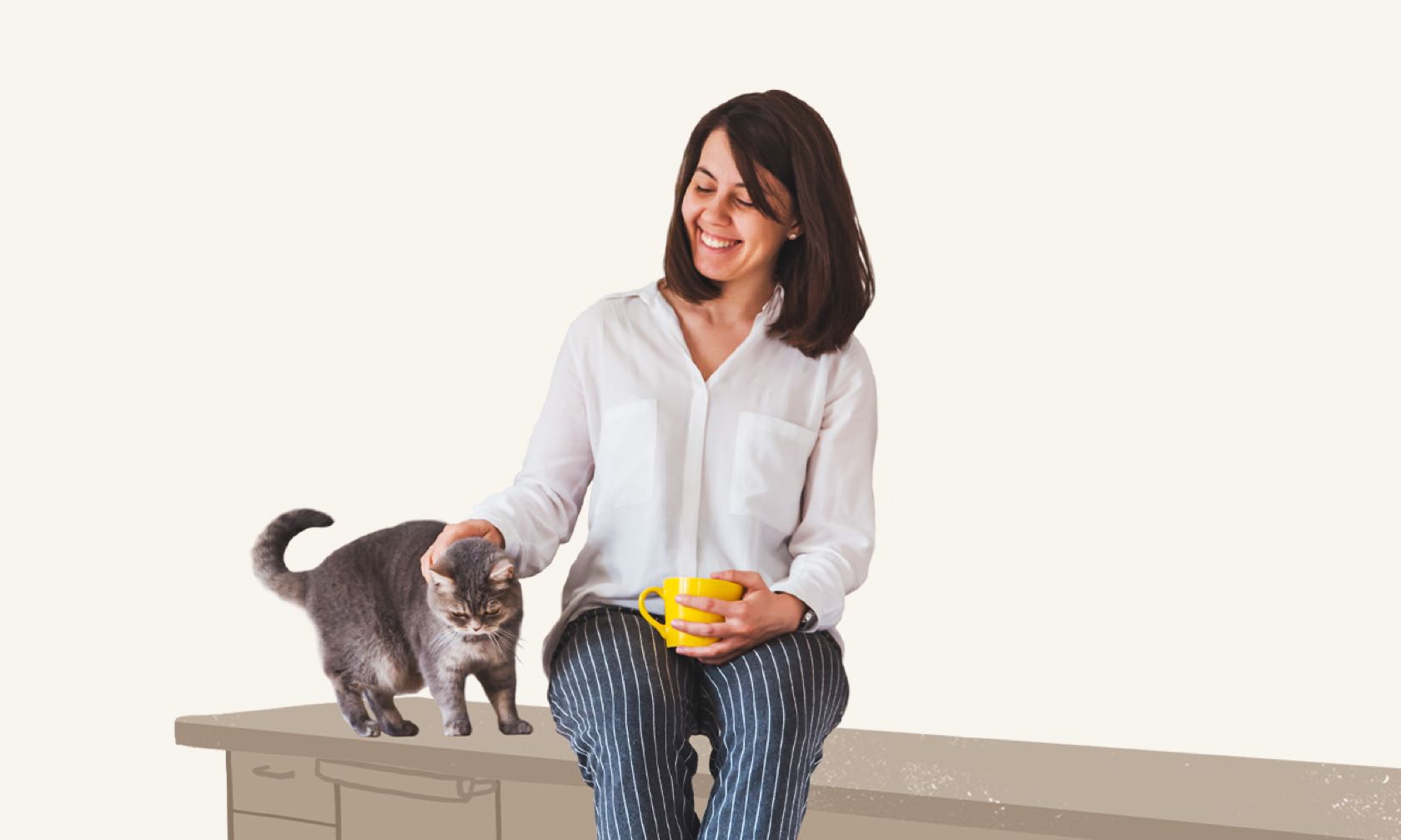 A woman sitting on a bench with a cat.