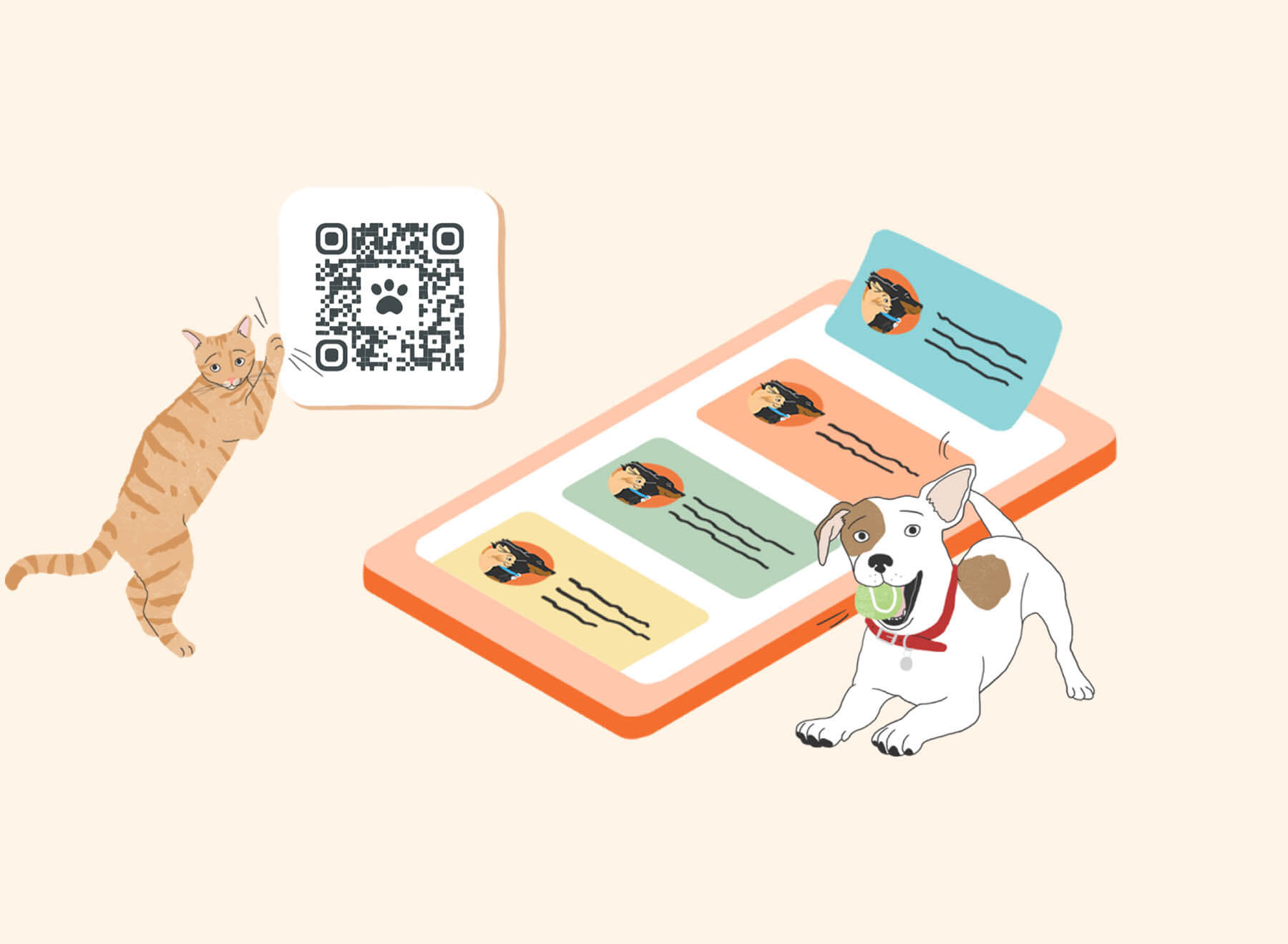 A dog and a cat are looking at a qr code.