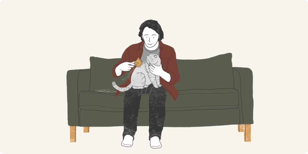 Illustrated man grooming his cat