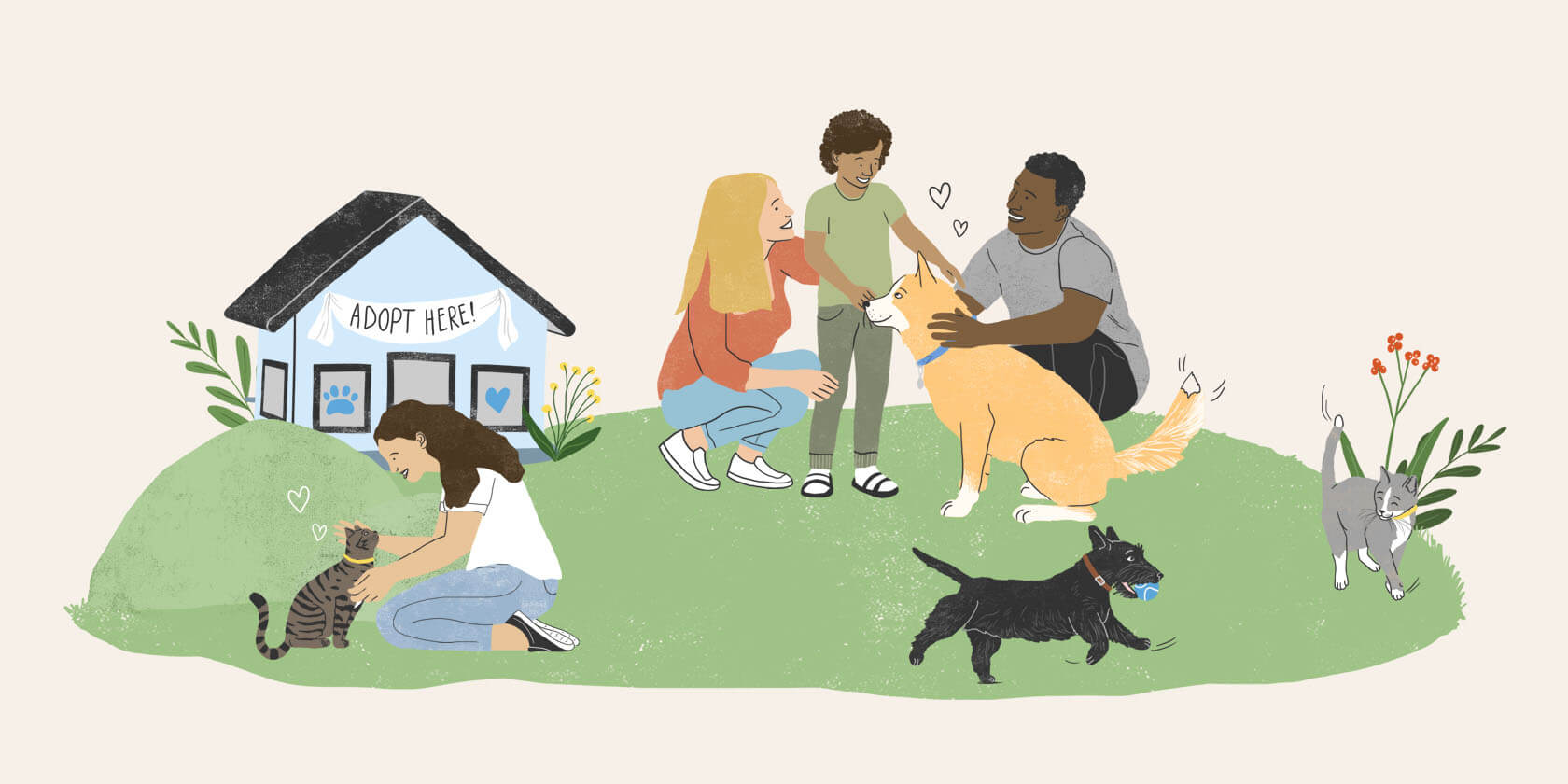 Illustrated people playing with pets.