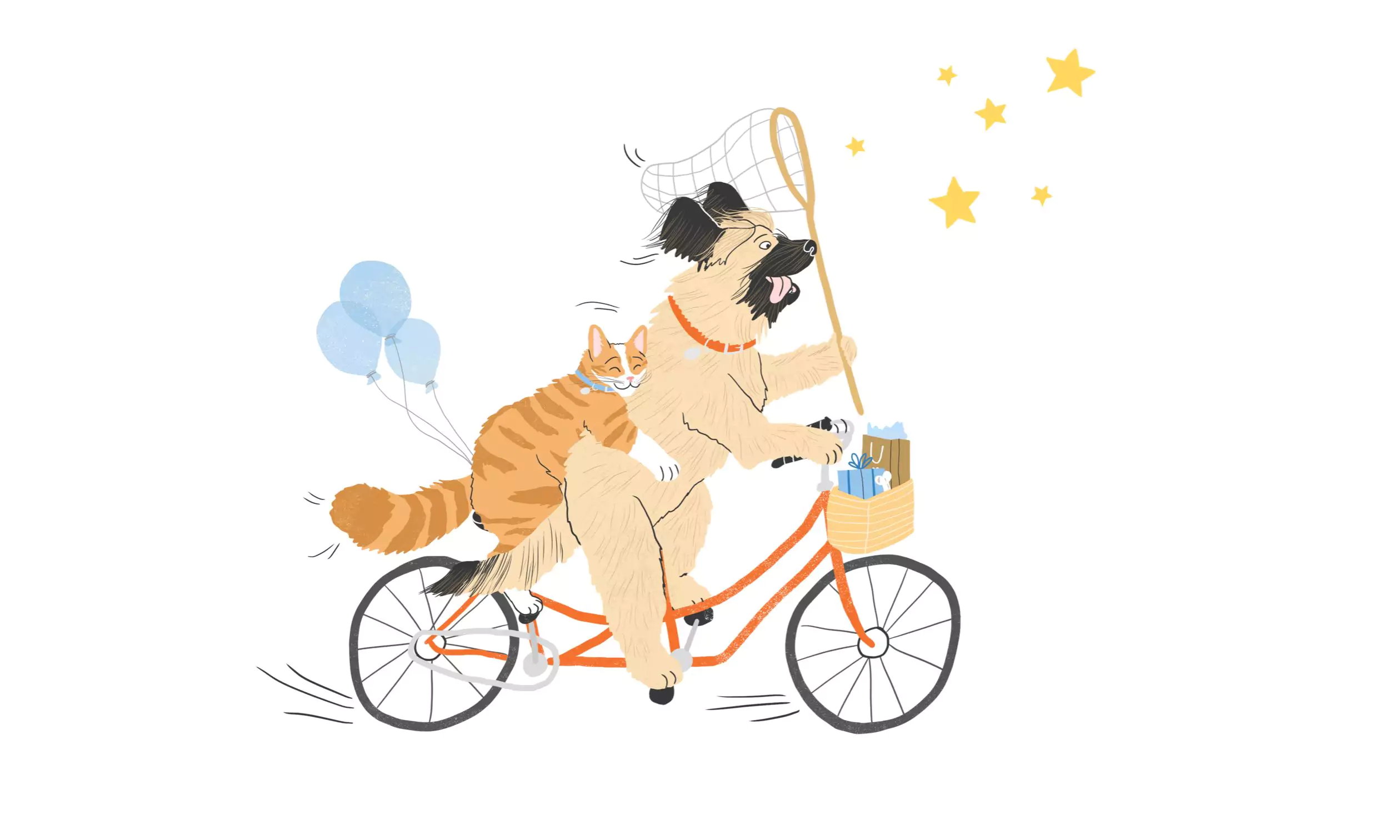 Illustration of dog and cat chasing stars on a bicycle.