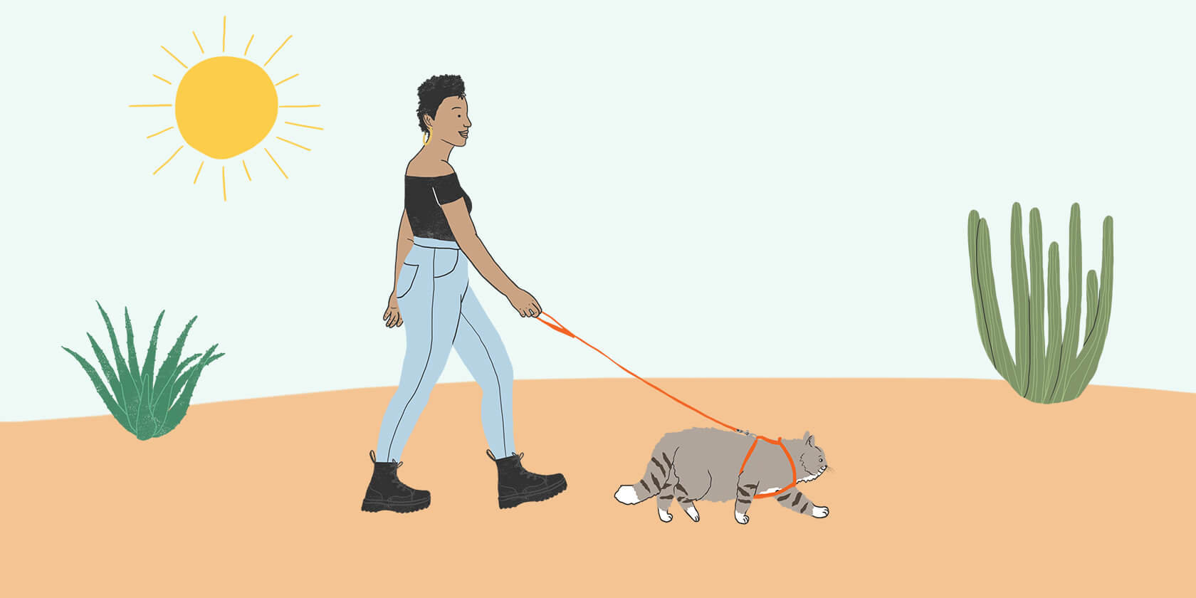 Woman walking her cat