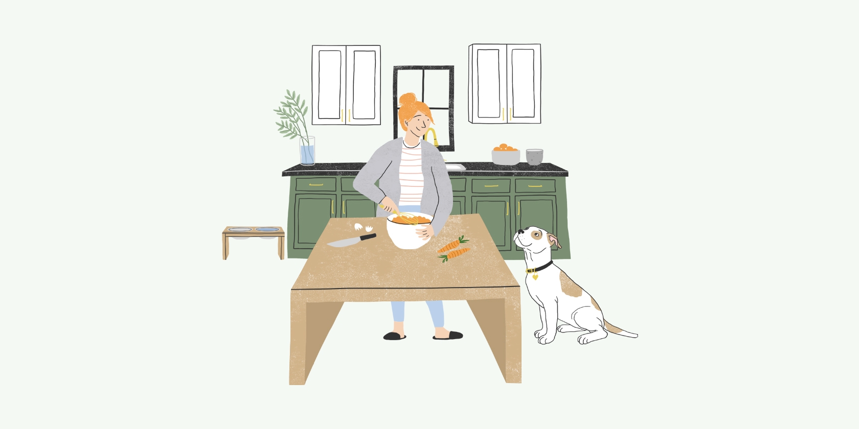 Woman baking treats with dog