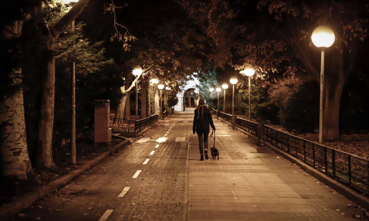 Lady walking her dog in the dark