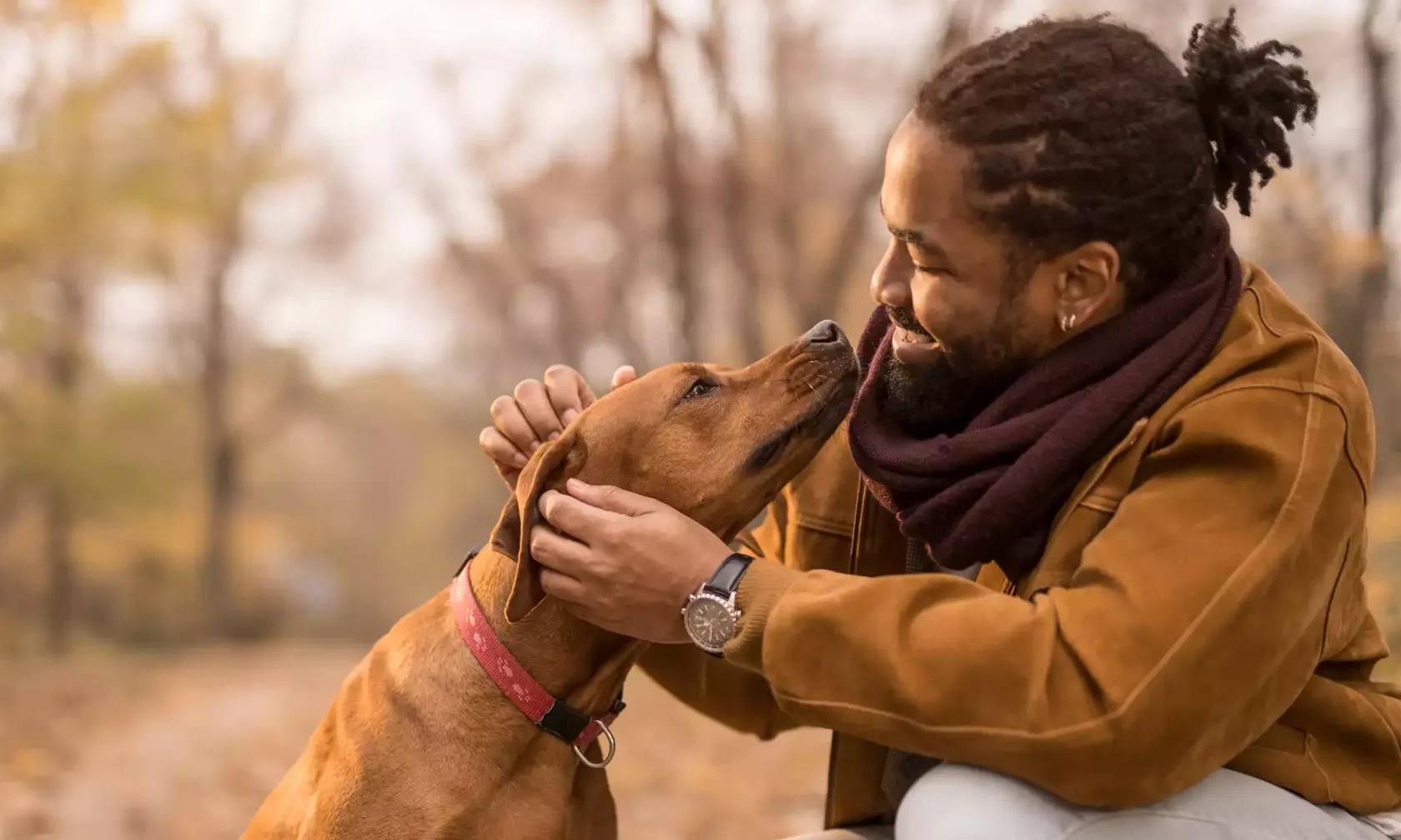 Smiling man looking at dog