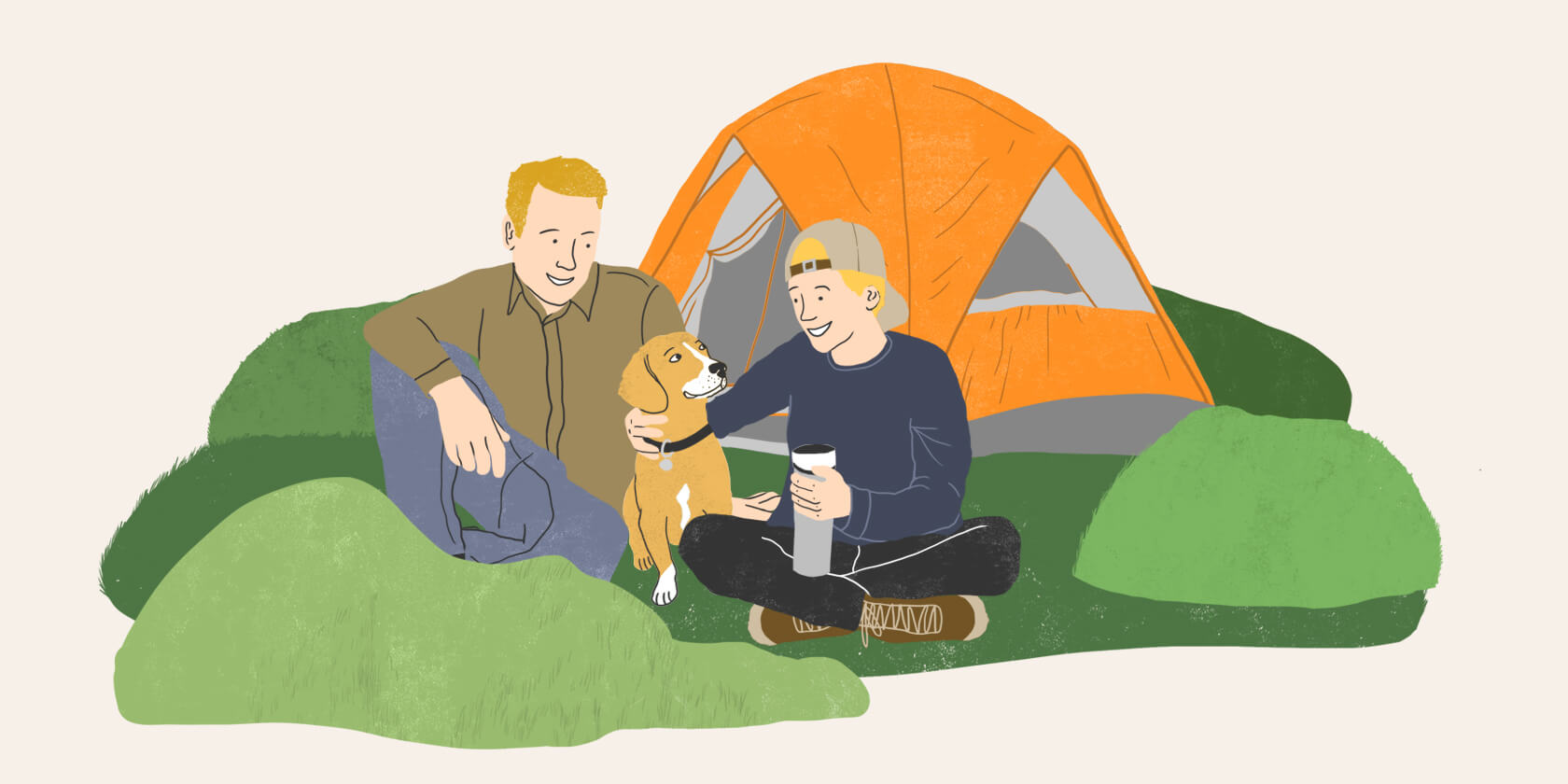 Owner and dog sitting at camping grounds