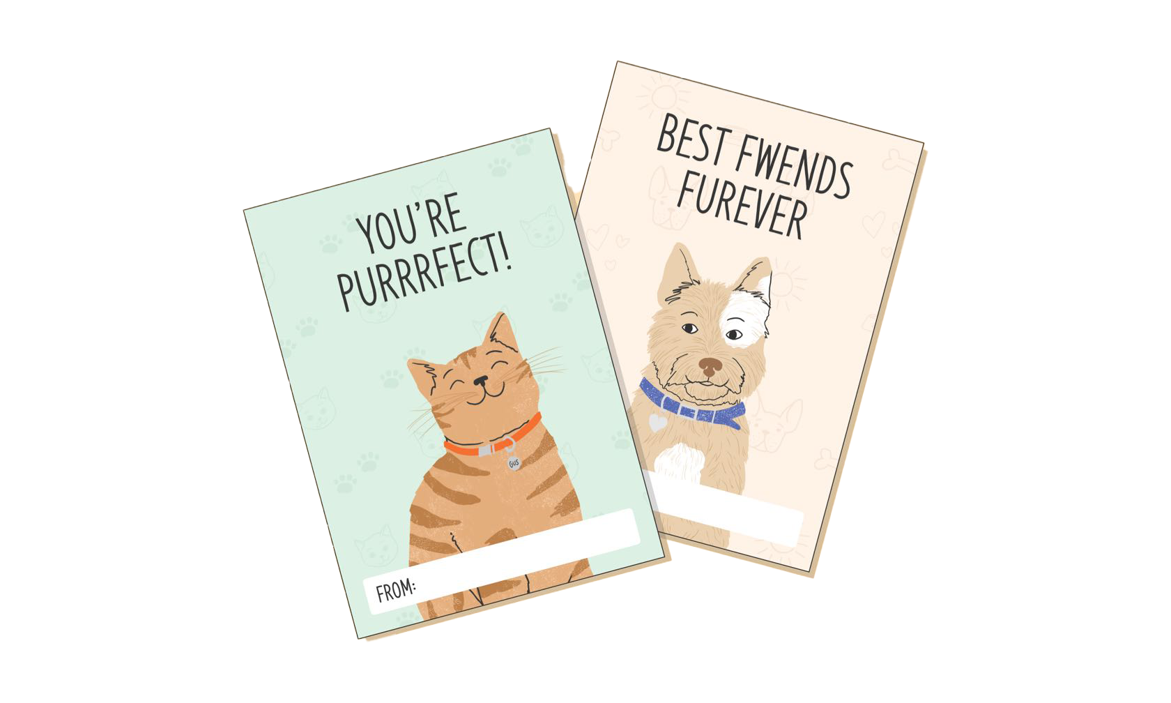 Two illustrated greeting cards with a cat and dog on them.