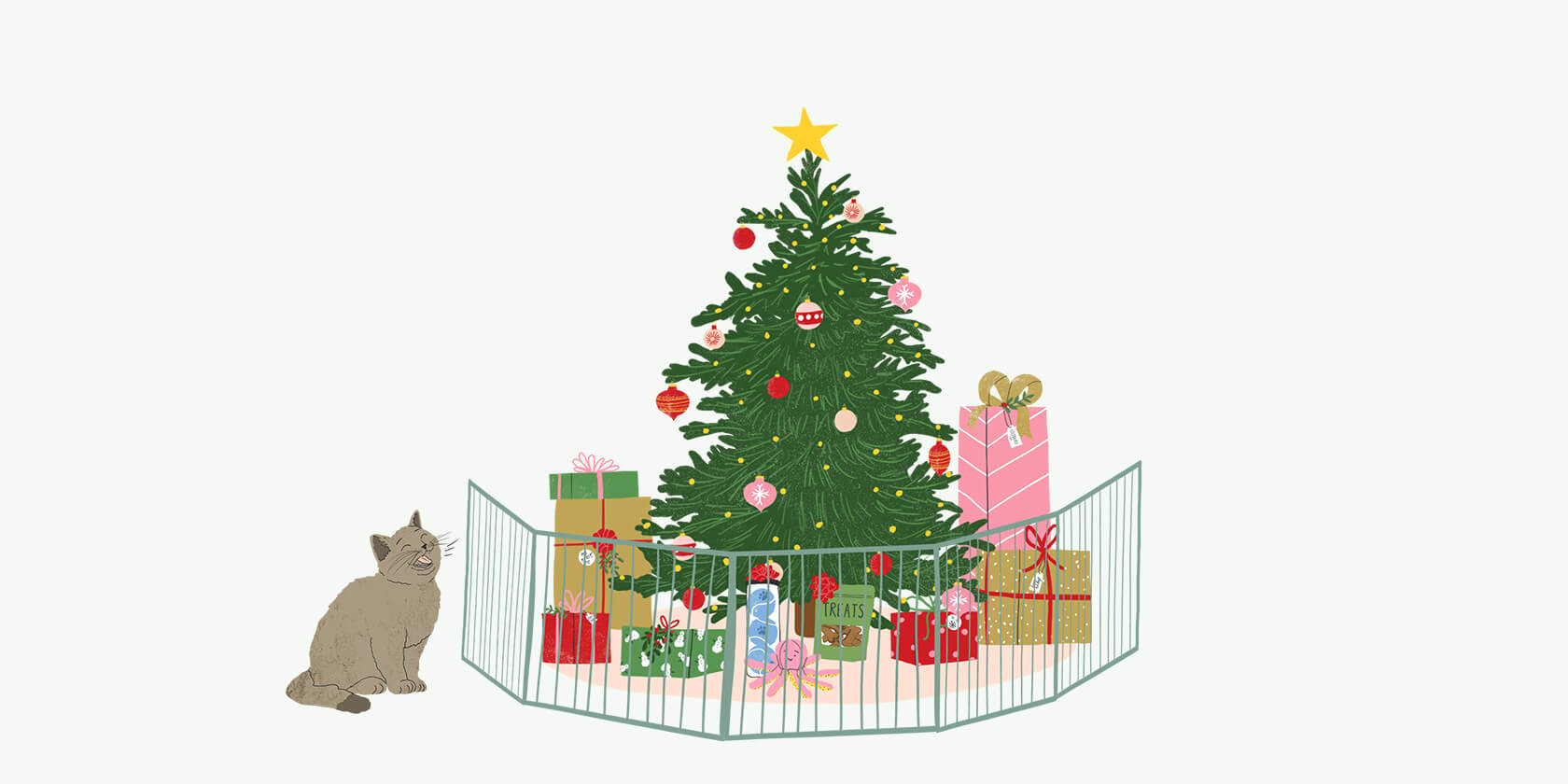 Cat sitting by a christmas tree with gifts